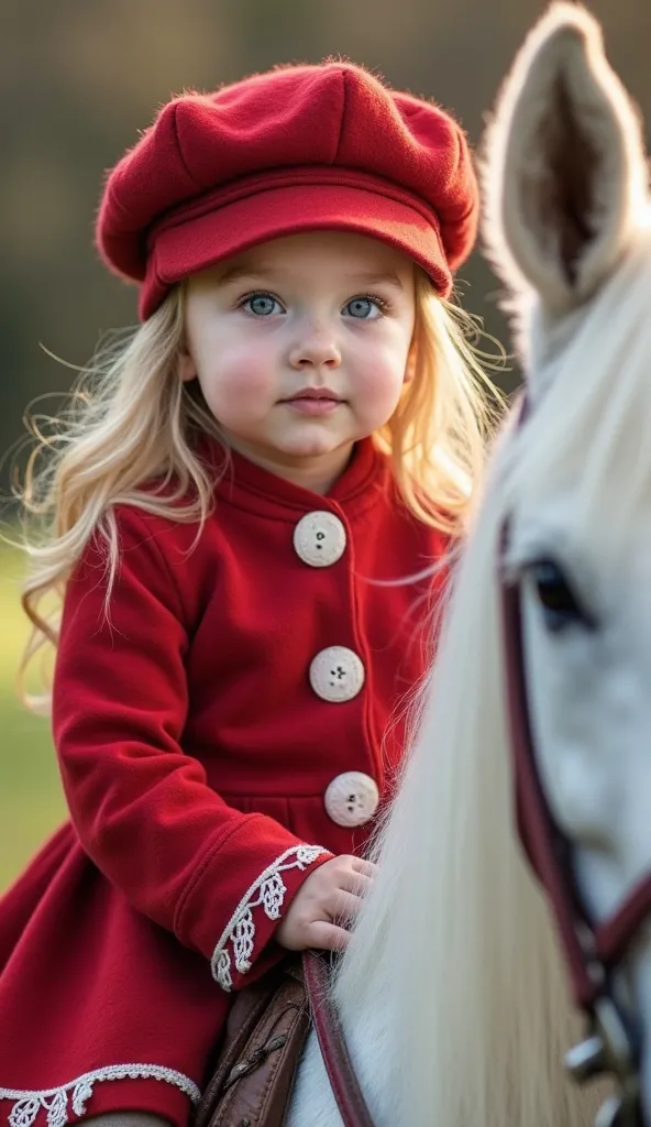 Good afternoon!!!!
Please make a baby girl blue eyes, serene charismatic expression, Wearing a red cap on the head,  Chic little red dress,  wool , with white wool on the hem of the dress. Elegantly riding a white pony, Full sharp image. The image is beaut...