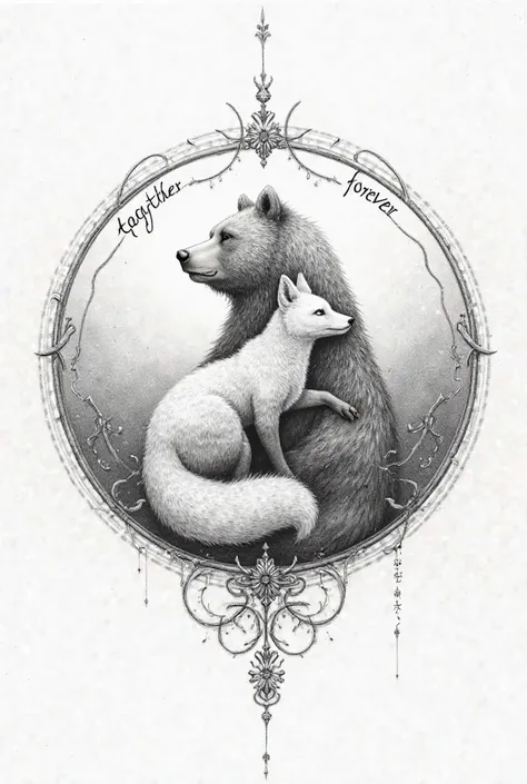 The bear and the fox are like yin and yang with the inscription in a circle Together forever pencil drawing