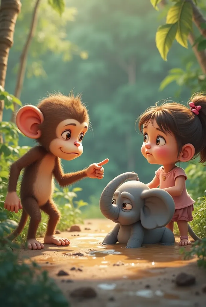 A worried monkey pointing towards a small, sad baby elephant stuck in soft mud, looking at little cartoon girl for help.