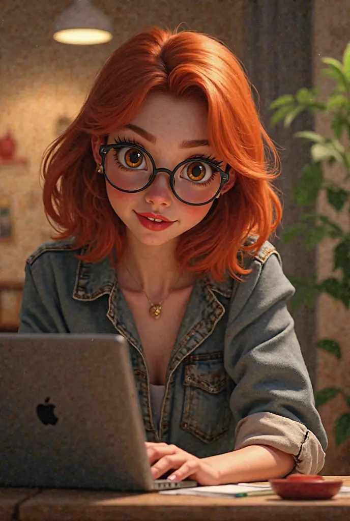 You can create a Disney character for me with the following characteristics, shoulder-length red hair, brown eyes, with lenses, Red lips and that she has urban clothes, That I'm sitting with a laptop
