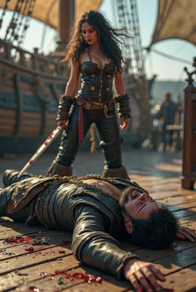 Dead pirate who was killed, by sexy pirate girl, in a sword fight,