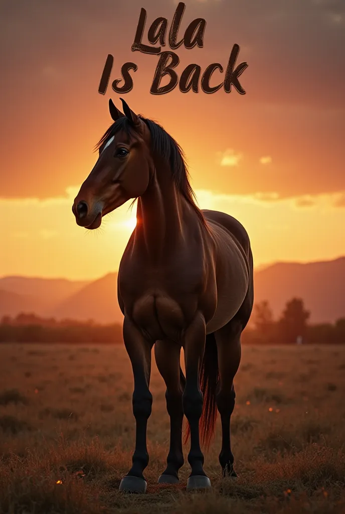 A powerful and majestic large horse standing in an open field with a dramatic sunset in the background. The horse appears strong, well-groomed, and dominant in the image, facing the opposite direction. At the very top of the image, the text 'Lala Is Back' ...