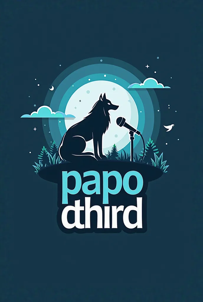 Imagine a logo de um PodCast,  whose name is  "Papo D third" With D mute, large and well highlighted and centered, a wolf represented in a simple way speaking into the microphone in blue tones