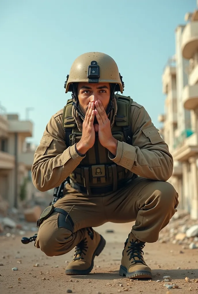 A 20-year-old Israeli man, modern combat helmet typical of the Israeli army, modern combat uniform typical of the Israeli army, modern bulletproof vest typical of the Israeli army, the modern M16 weapon typical of the Israeli army, modern combat pants typi...