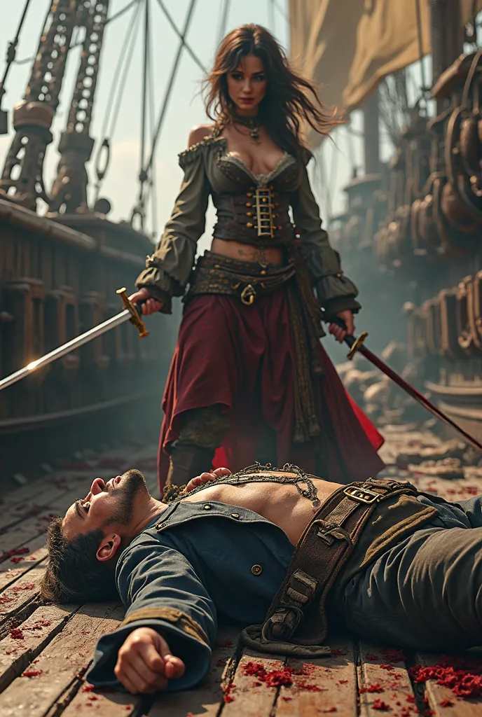 Dead pirate who was killed, by sexy pirate girl, in a sword fight,