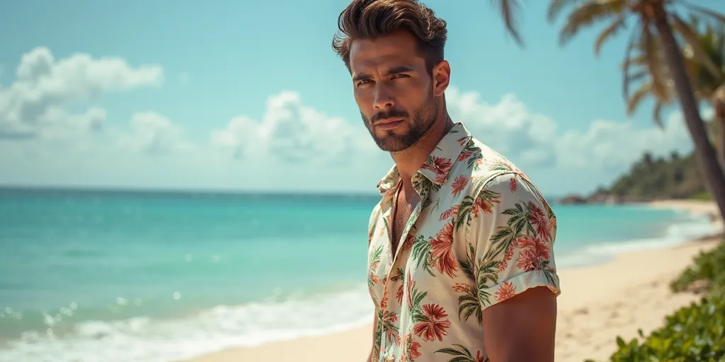 Create an image of a men's model wearing a short sleeve tropical shirt and in the background it's a beach and the image is for homapage and that the model is on the right side