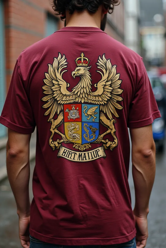 I would like to create a graduation shirt for the 3rd year of high school with a coat of arms on the chest,but the shirt has to be burgundy with some details in I also want graffiti details on the back of the shirt 