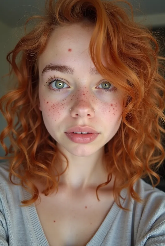 A 15-year-old girl. This girl is from South Korea, her right eye is green and her left eye is blue, she has a model body, freckles on her face, her hair is 2c curly and orange, she takes selfies to share on Instagram