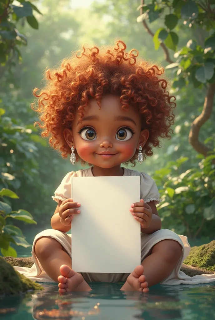 Beautiful toddler girl wearing diamond earrings with caramel skin tone, red curly hair and grey hazel eyes sitting in beautiful paradise holding up a big gigantic blank menu.