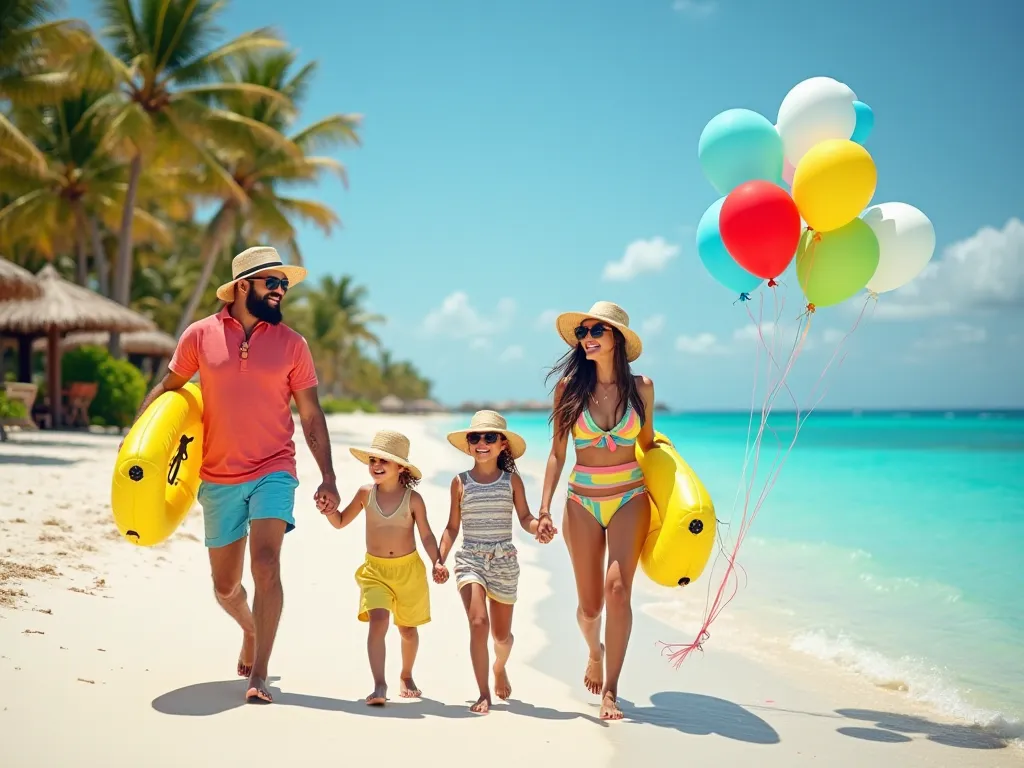 prompt: "A happy family of four walking along a tropical beach, holding hands and enjoying the sunny day. They are wearing colorful summer outfits, sun hats, and sunglasses. The father and mother carry bright yellow inflatable floats. The background featur...