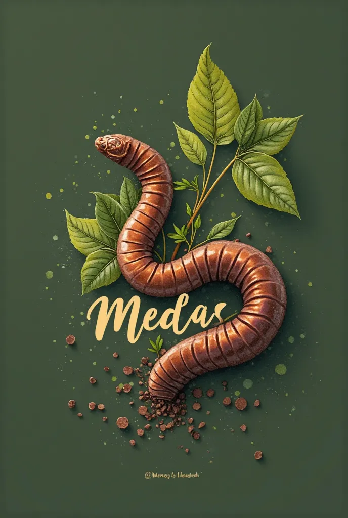 Create logo written Marcas Mudas in cursive letters with an image of an earthworm entwined in a green leaf symbolizing the transformation of humus and plant growth. Use dark green colors, brown and shades of yellow 