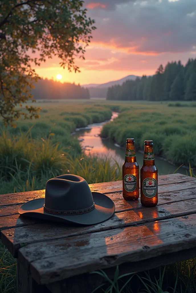 Hyper-realistic scene of an aged wooden table in a rural setting at twilight, chilled Heineken bottles, felt cowboy hat resting on it, sky in pink, orange, and dark blue, soft warm light, delicate shadows, creek winding through lush pastures in the backgro...