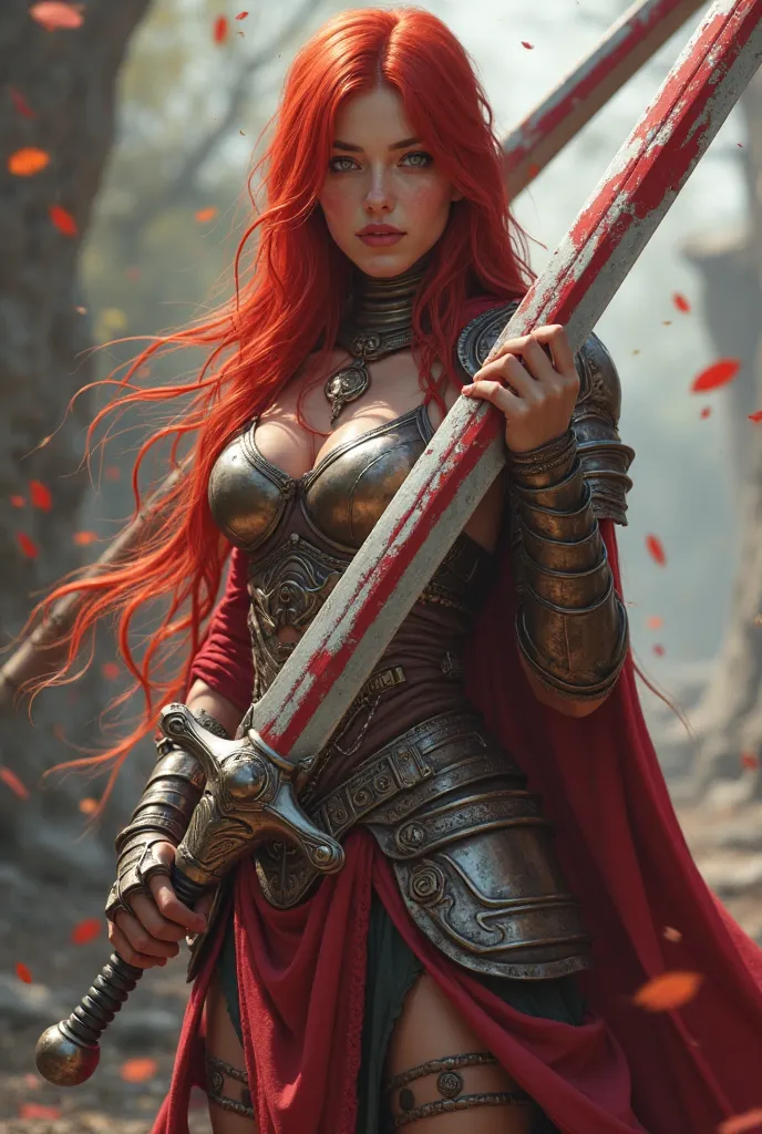 high quality, 8K Ultra HD, a girl warrior 24 years old, high detailed, photorealistic. red eyed and long to hip red bushy haired. She is body armored. Young, cute face, hands, big breasts, broad shouldered, athletic, aestetic, strong. she is pick up gigant...