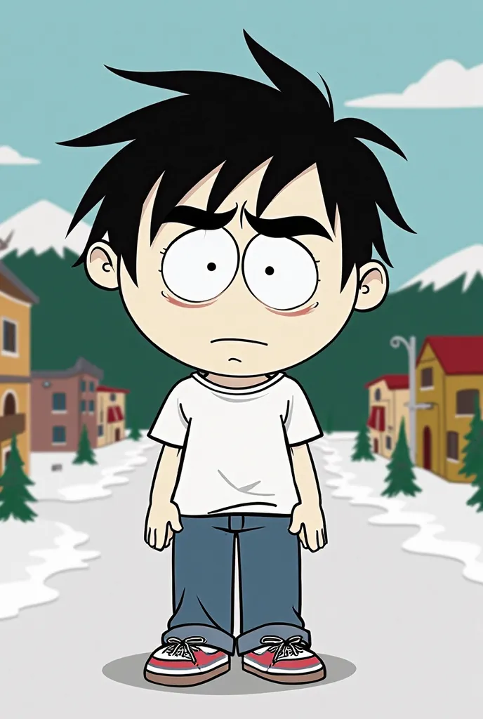 Create a classic South Park male character with white skin, Black-haired with entries, and thin