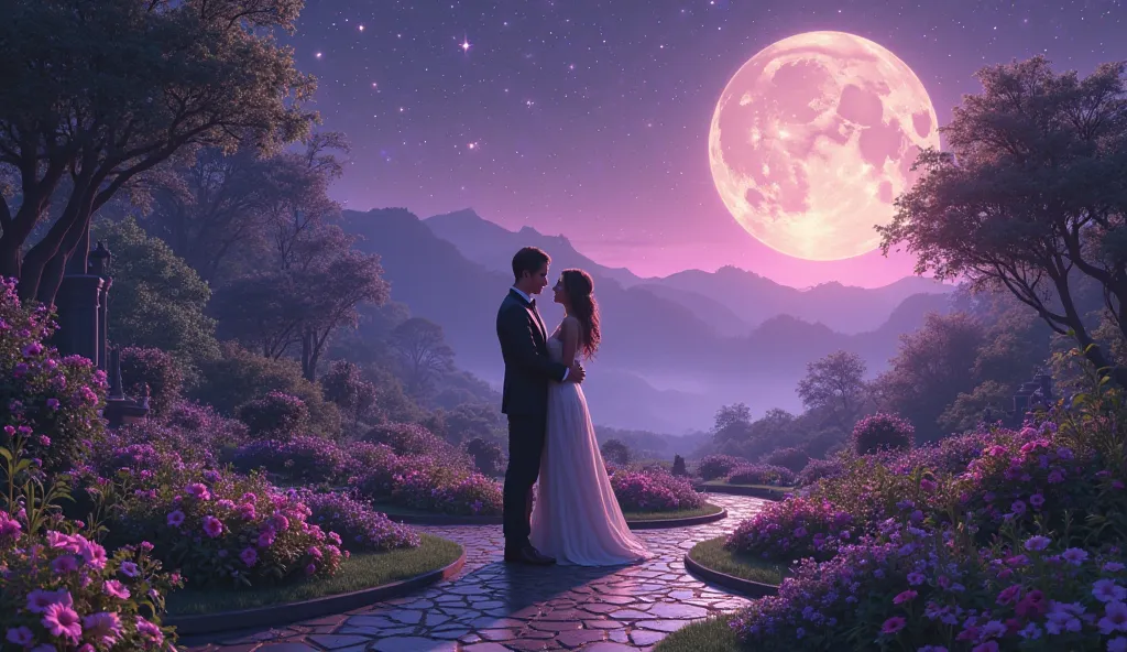 High detail,  starry night , big moon on the right, fabulous but real garden,close-up man and woman holding hands, realism, , purple tones