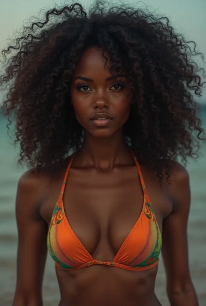 A ebony with curly hair in a bikini