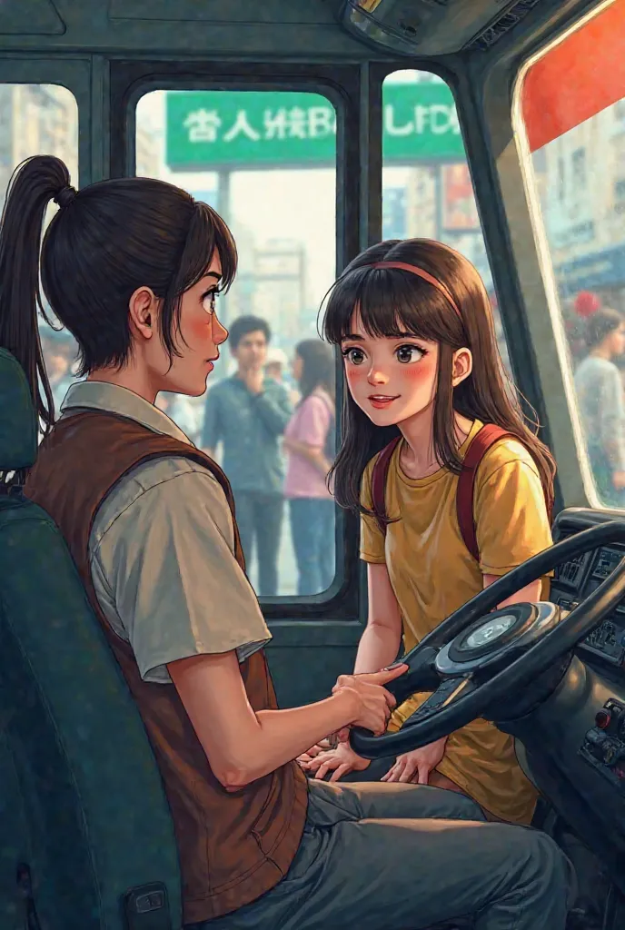 A girl talking to the bus driver

