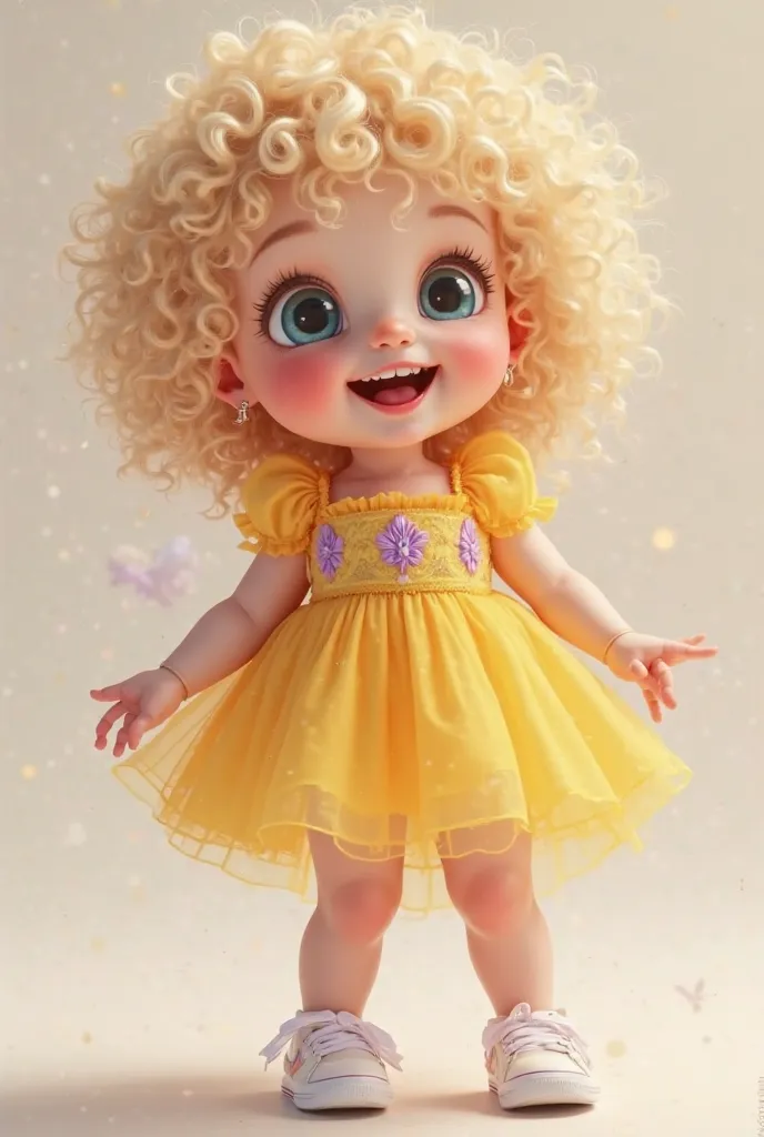 Design of a baby blonde with curly and short hair, yellow dress with details on the purple dress, On the feet are white sneakers  