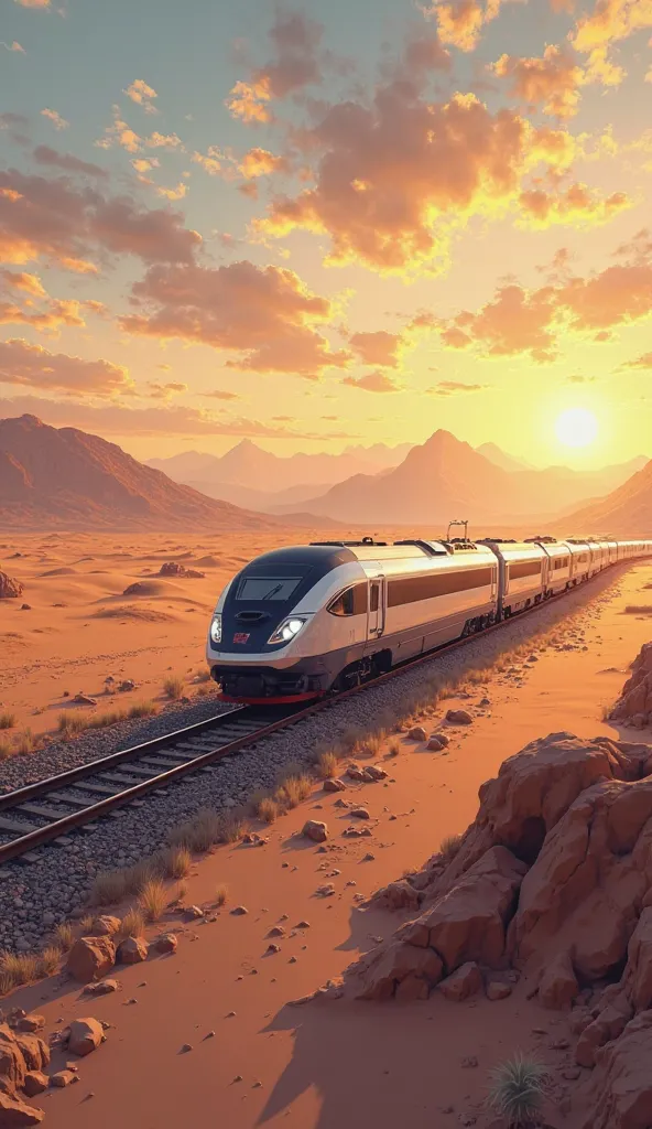 A high-quality digital illustration of the Herat-Khaf railway, showcasing a modern train traveling through the scenic desert landscape between Afghanistan and Iran. The image should emphasize connectivity and economic growth, symbolizing Afghanistan’s link...