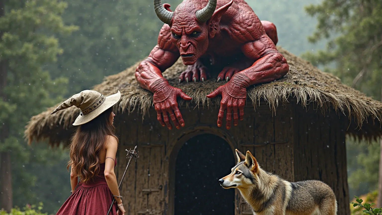 A photorealistic, ultra-realistic image of a rugged, red-skinned human like demon with natural skin textures, and lifelike imperfections. The demon confidently sits on a high top hut roof, looking down at a gorgeous woman standing on the ground in front of...