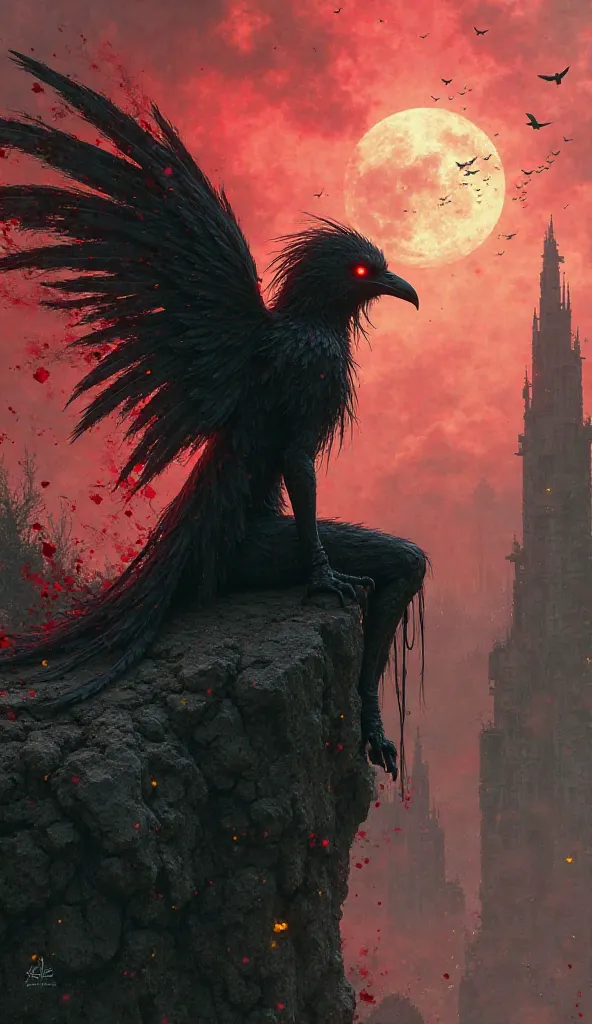 This digital artwork captures a dark fantasy scene, featuring a mysterious dark fairy perched on a jagged, crumbling rock. Her glossy black wings, resembling raven feathers, shimmer with a subtle iridescence, while her piercing red eyes glow with an eerie ...