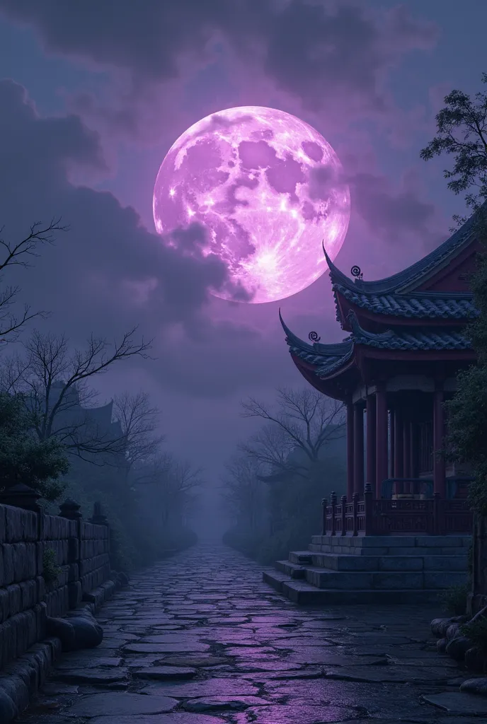 Violet-colored full moon that partially hides behind the clouds, En Asoka Temple in Ningbo China, full hd