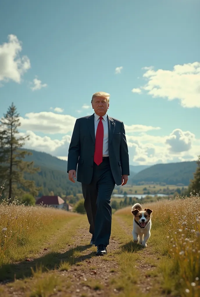 donald trump walking in sweden and he has a little dog 