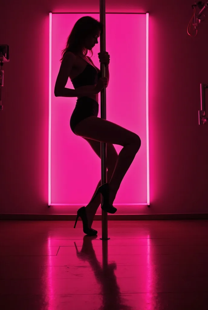 "A silhouette of a woman performing an elegant pole dance in a dimly lit studio. The background is illuminated by a neon pink glow, casting dramatic shadows. She is wearing high heels and a sleek, form-fitting outfit. Her pose is graceful and strong, with ...