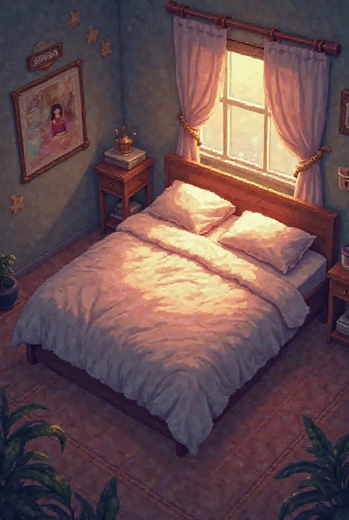 Pixel image Cozy bed with soft light — Representing peaceful rest.