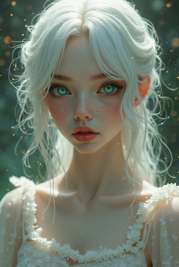 Female character with freckles, White hair and heterochromia