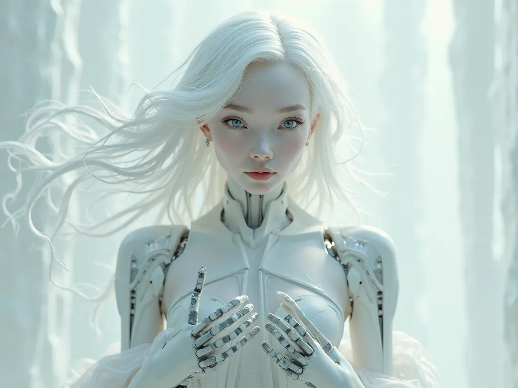 Ki face white eyes white hair robot skin and white hands