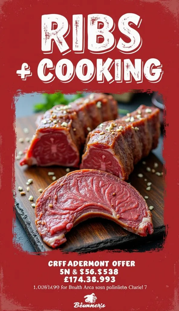 advertising flyer offering ribs,Black pudding and chorizo for cooking red background white letters. Meat is shown inside the flyer, Offer data, Price of the offer, butcher's logo and additional information