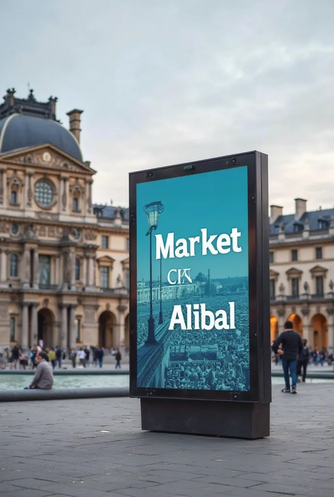 where an ad with the name “Market on Albal” appears to be hanging in the air in front of the Louvre Museum in Paris..About . The design shows a visual effect that makes the ad appear to be part of the real scene, adding a creative and attractive touch to t...