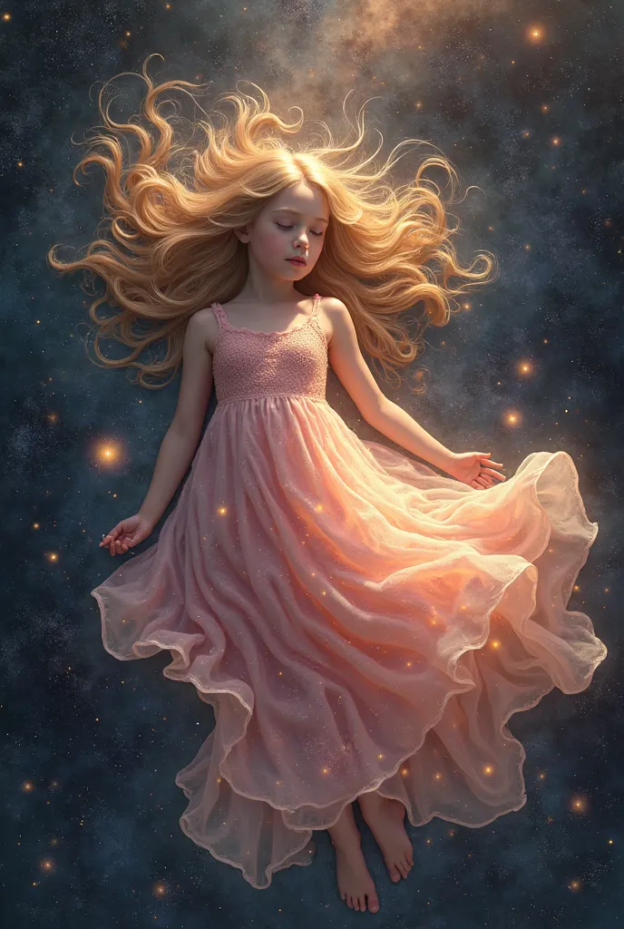 A young blonde girl is lying down in a vast, cosmic void, her luminous dress flowing around her like a nebula. The dress shimmers with swirling pink, orange, and gold hues, resembling a celestial explosion against the deep blackness of space. The viewer se...