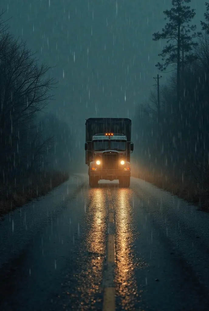 1. " A deserted road at night , illuminated only by the headlights of a truck in heavy rain."