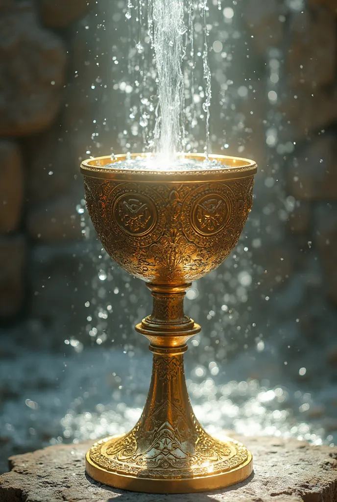 A golden chalice, of the same type used for the consecration of wine at Holy Mass, gushing water as if from a fountain