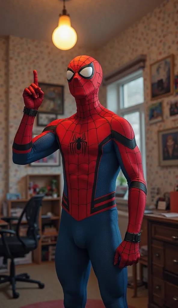 "Spider-Man, in his full red and blue costume with the iconic black spider emblem on his chest, stands in a room, visibly happy and energized. His face is covered with his signature face mask, with the white lenses of his eyes wide open, reflecting excitem...