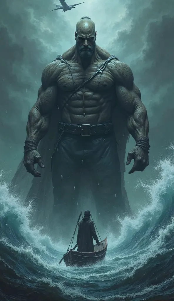 The shadow of a muscular and creepy sailor hanging over a boat on the high seas. His gaze shines ominously as giant waves threaten to engulf everything around."
