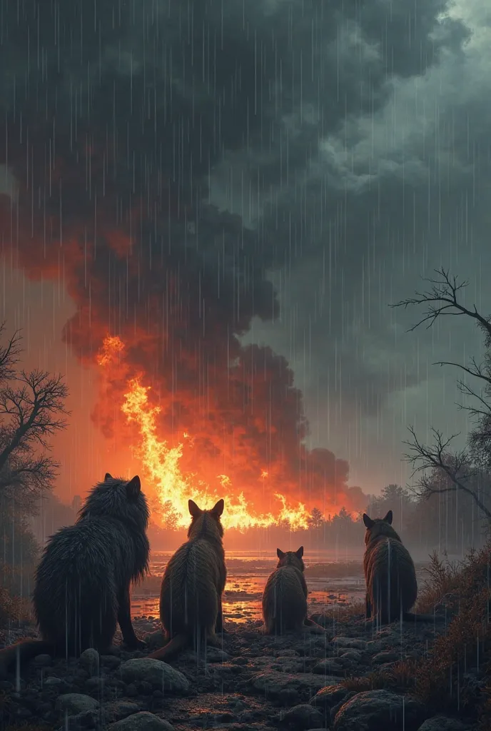 Dark storm clouds form above. Raindrops start falling, slowly extinguishing the flames. Soaked animals watch as the fire dies down.