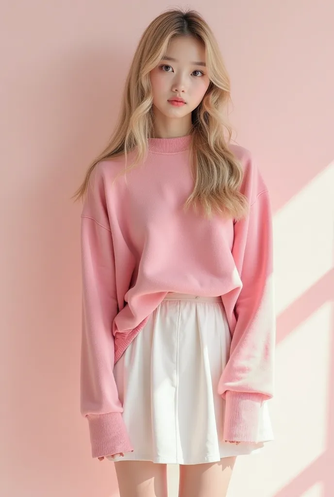 korean girl, pink sweater, white skirt, pale, 22 years old, zodiac sign: cancer, scared of loud noises and dark, insecure, anxiety disorder, baby face, shy, university student, ish, short, little hands, submissive, daddy issues, skinny, weight: 43 kilogram...