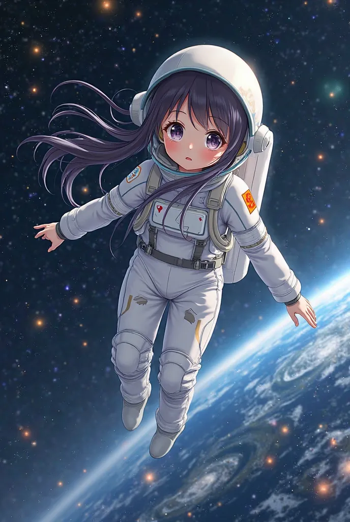 An anime girl in an anime artstyle wearing a white spacesuit in space