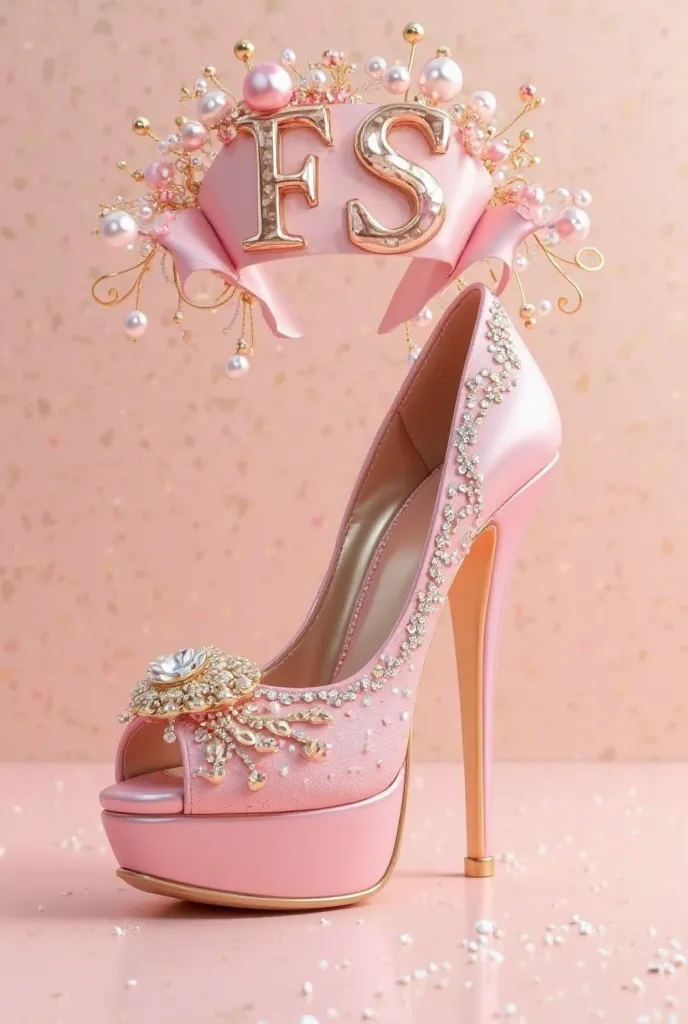  Create 3d image of exclusive and elegant high heel. Pink gold theme. Decorate with pearl crystal bead and hair accessories. Create a 3d text of 'FS' in a banner. Make an whatapss icon in the botton to tell the custome detail of phone number. 