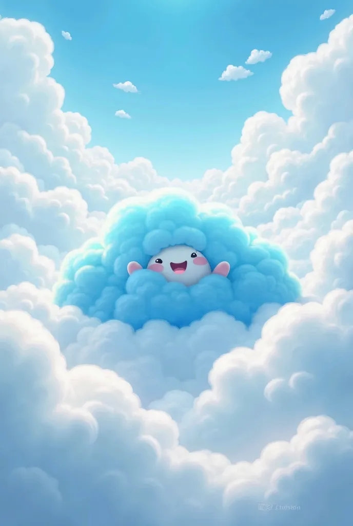 A blue cloud and other white clouds and happy ren under the white cloud