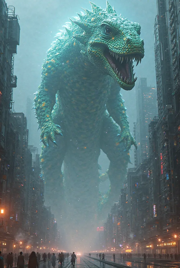 Make a glowing white monster lizard on top of a City (realista 4k)