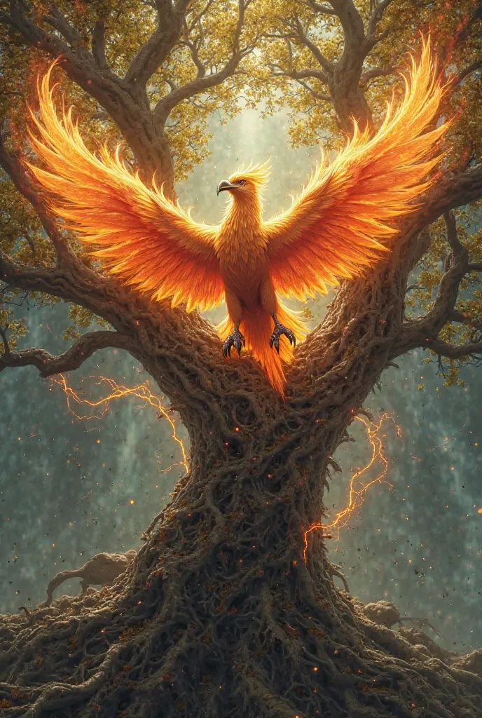 Draw a phoenix born from the Ydgrissil tree