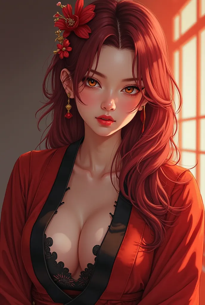 a close up portrait. "A slutty 20 year old Japanese woman that looks like Julia boin, Massive j-cup breasts toned muscles, amber colored eyes and long scarlet hair,  in a red and black hakuma