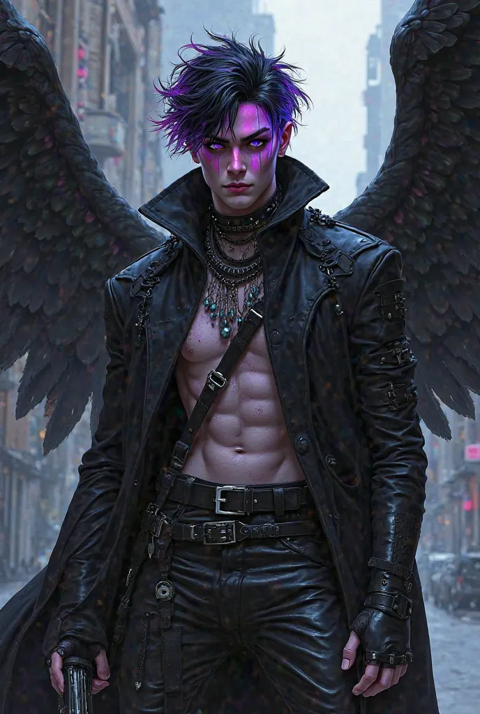 make an image of an edgy dnd aasimar rogue with vibrant rainbow skin, black hair with frosted tips, black wings, and purple eyes. He has a black cloak, leather armor, and four daggers.