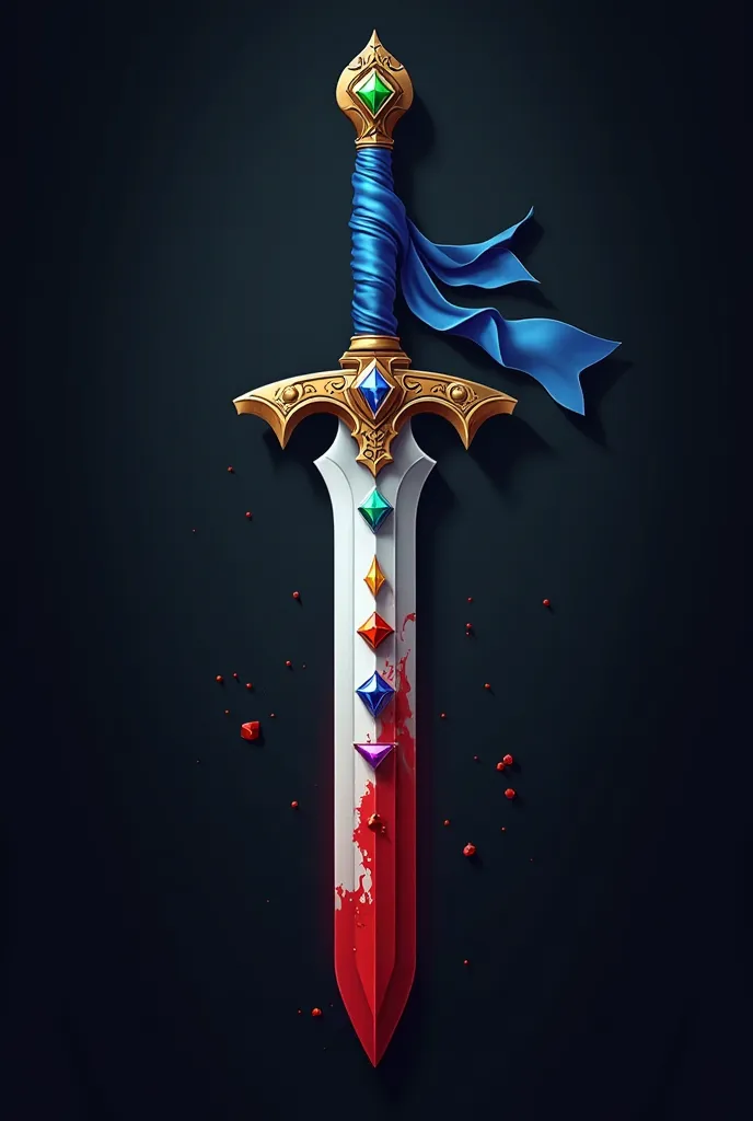 Create a sword with a blue ribbon on the handle and blood the sword part in a dark background with four gems one shape on one side of it, a green diamond, a blue circle, a red triangle, a purple square. Realistic 