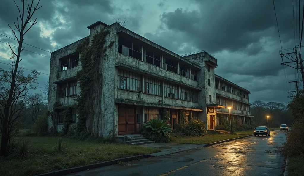 "A decaying hospital, São Lucas, stands under a dark, stormy sky. Built in the 1950s, its exterior is cracked, with broken windows and rusted metal doors barely hanging on their hinges. The surrounding vegetation has begun reclaiming the structure, with vi...