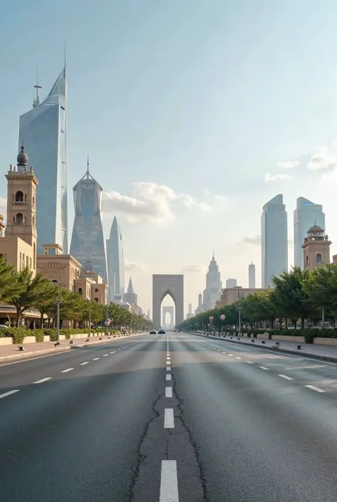 A stunning **wide-angle low shot** of an empty, modern road in **Baghdad, Iraq**. The road is smooth, freshly paved, and has **no cars, no pedestrians, and no large trees**. A clean, spacious footpath runs alongside, perfect for product placement. The back...